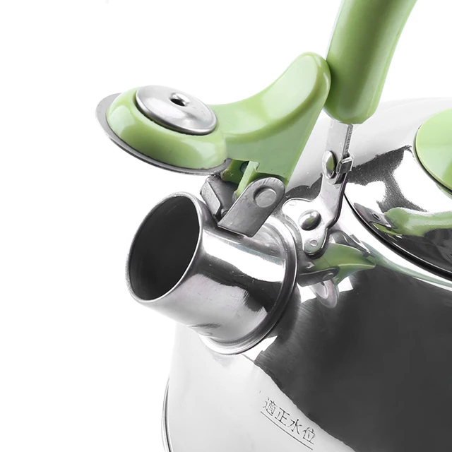 2.3L 304 stainless steel mirror surface whistling water kettle with green bakelite handle