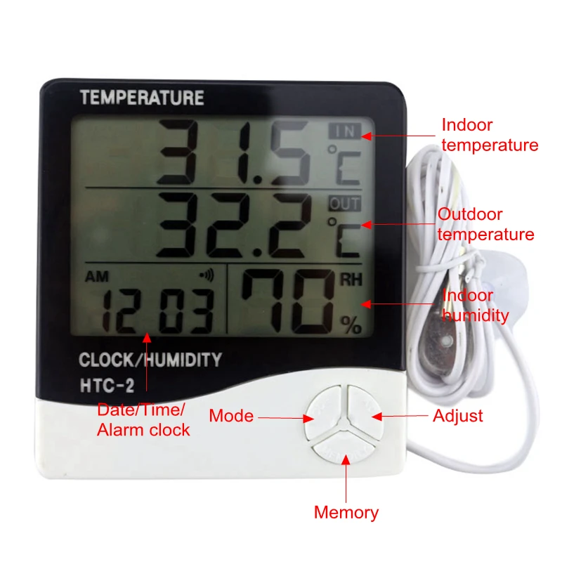 HTC-2 Weather Station Digital LCD Indoor/Outdoor Room Hygrometer Thermometer Clock Temperature Humidity Meter with sensor