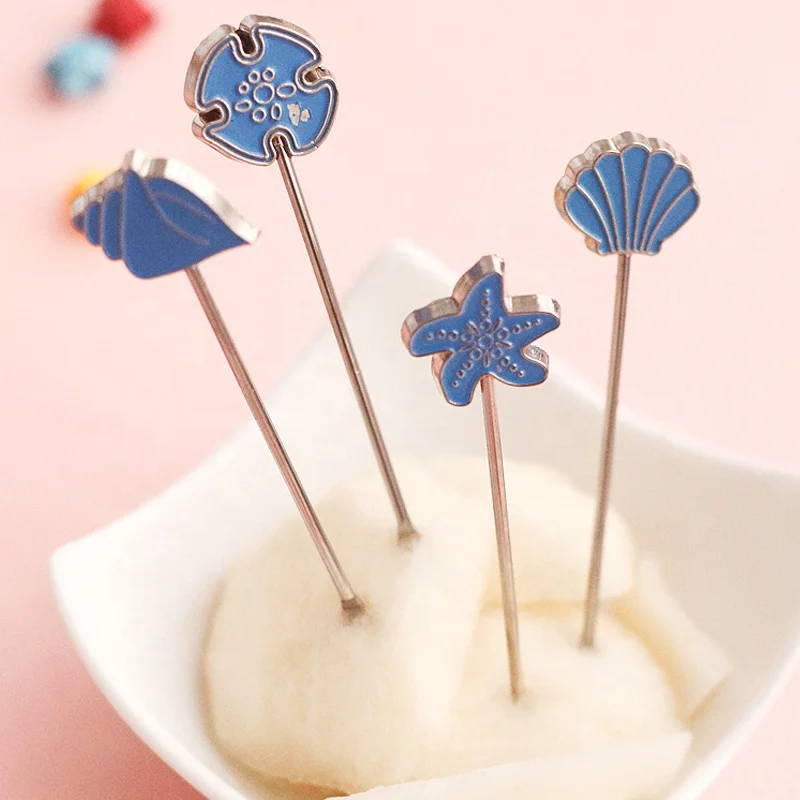 
YiJia 4pcs/set sea shell shape stainless steel cake dessert fruits picks fork 
