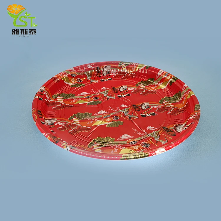Christmas party serving tray Fast food sushi box PS plastic disposable round flower printing trays