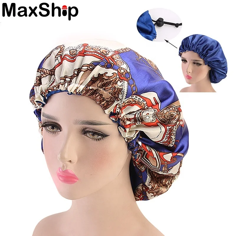 Wholesales Double face print bonnet satin sleep cap with adjustable cord for women
