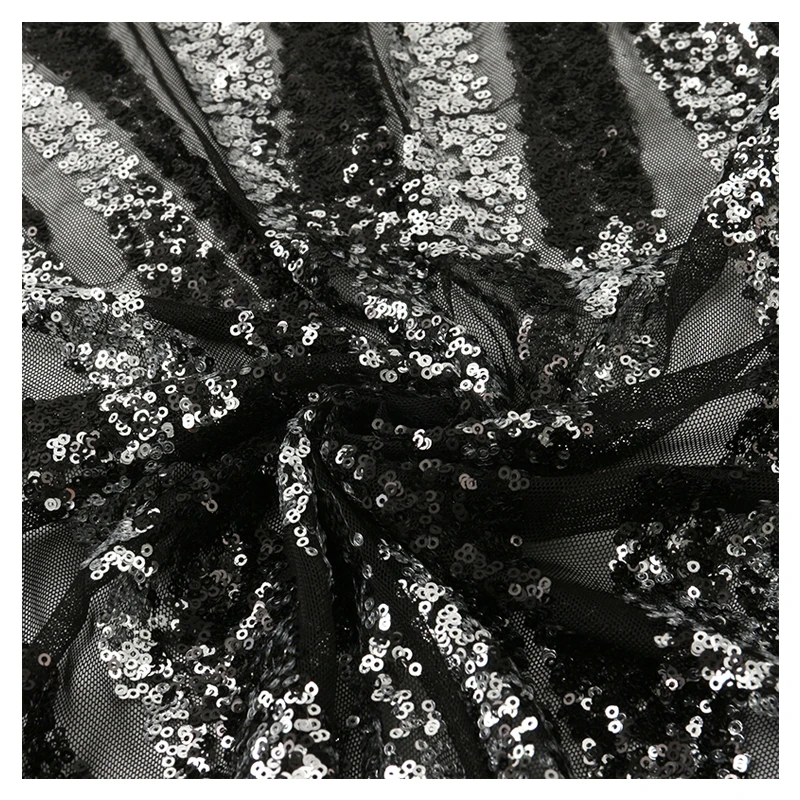 Wholesale polyester fashion breathable dress mesh silver black sequin fabric