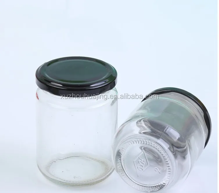 Дешевые Цилиндрические круглые пустые стеклянные банки для медового джема 240 мл 350 500 с черными жестяными крышками