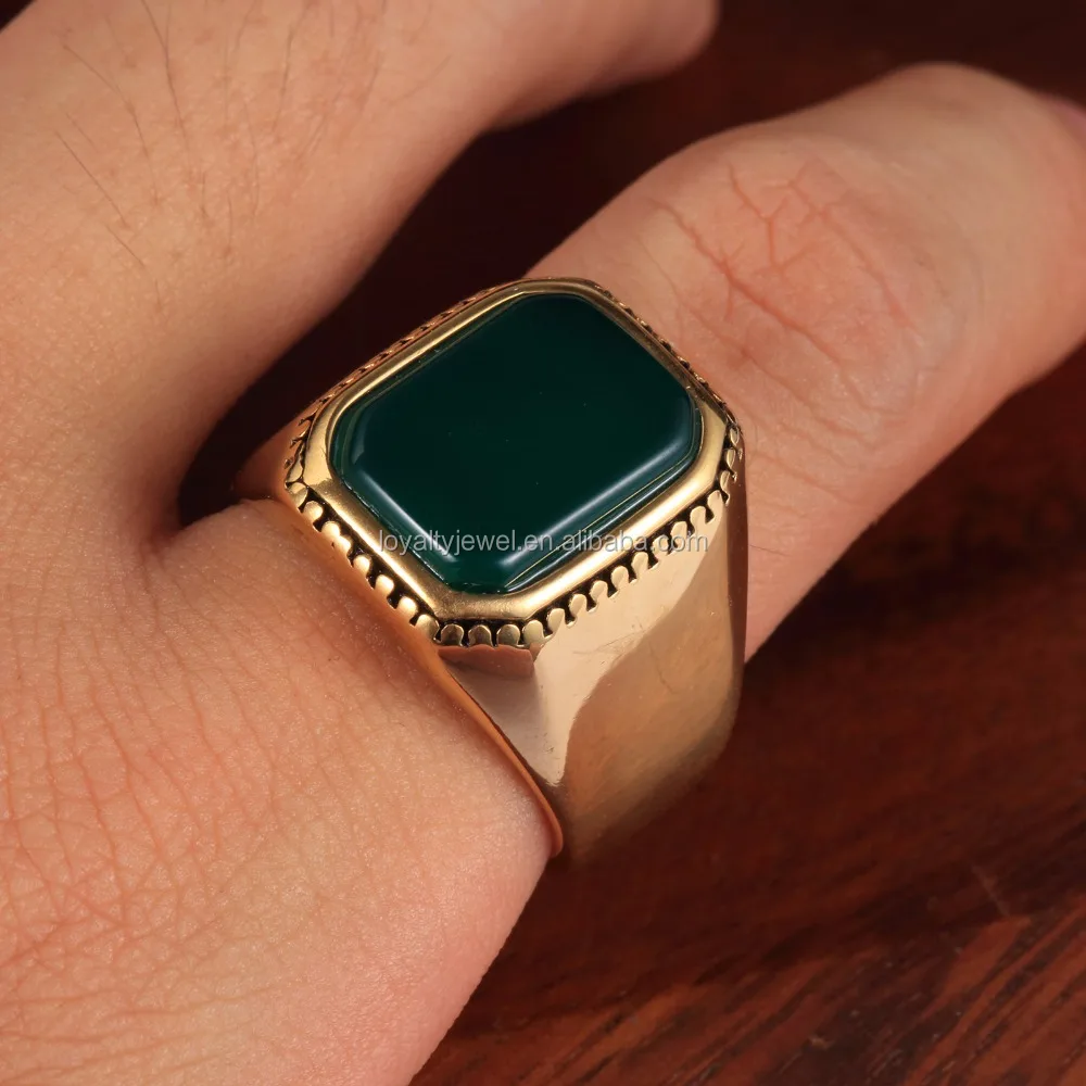 NEW Retro Men gold plated square green and red stone ring