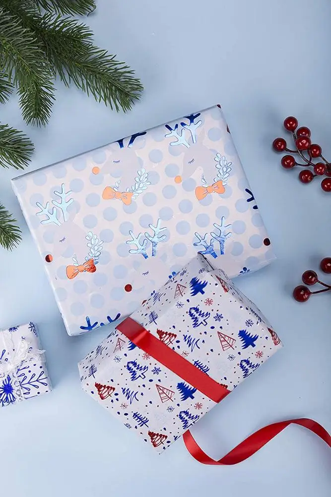 Popular Product Blue Winter Scene Xmas Patterns Printed Wrapping Paper for Gift