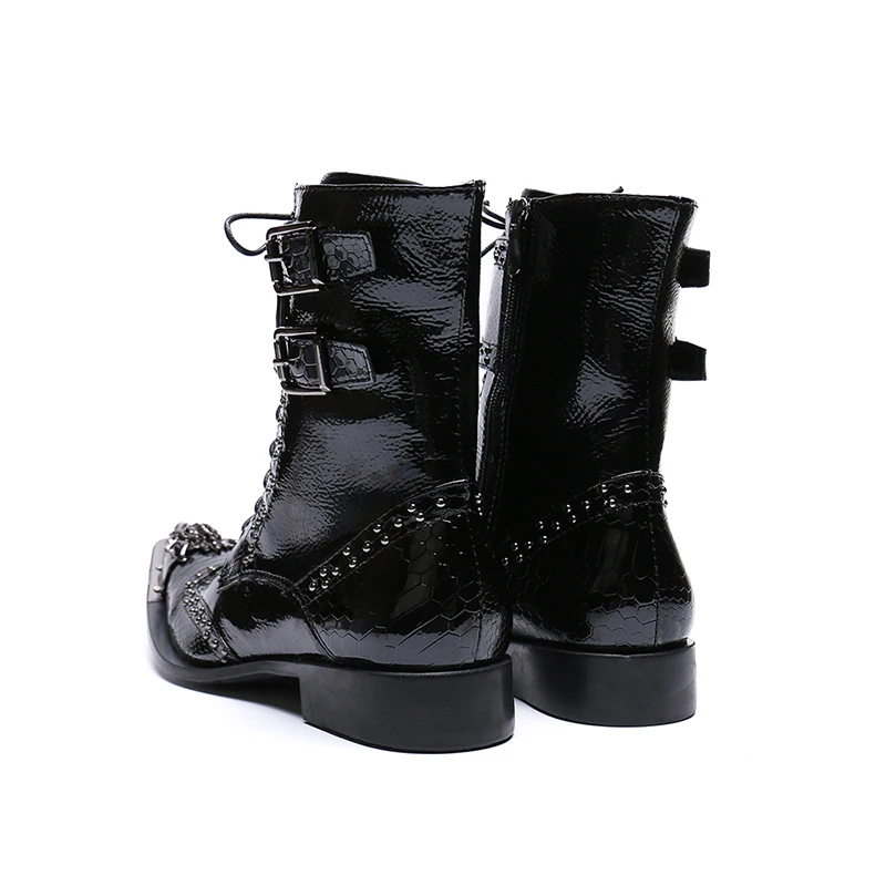 NA146 New Punk Style Genuine Leather Men Ankle Boots Iron Pointed Toe Lace Up Mens Male Cowboy Boots High Top Buckles Botas