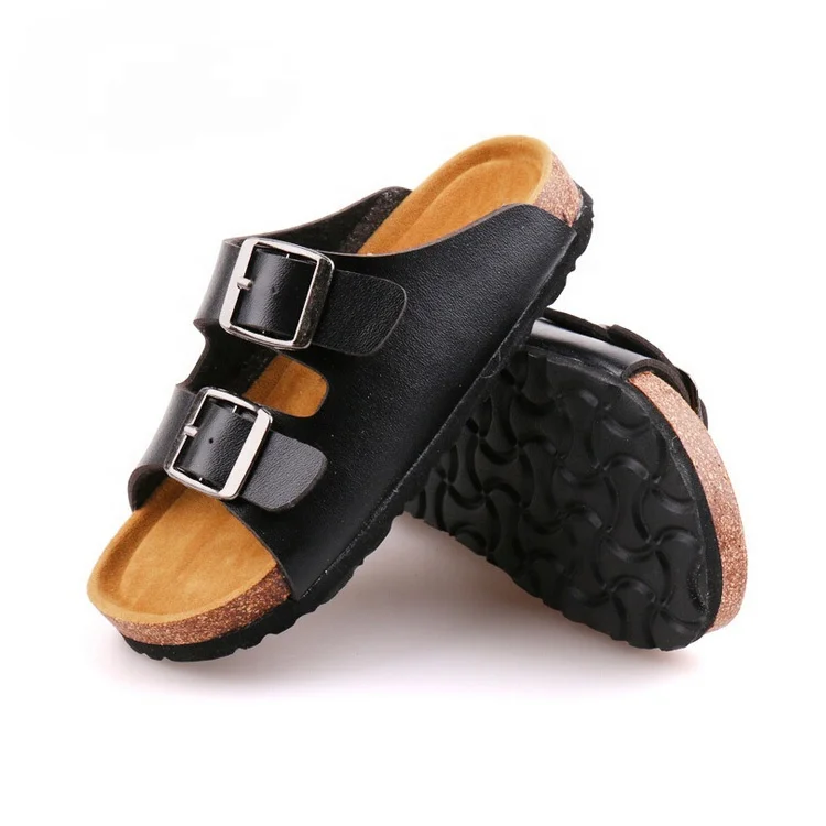 Boys Cork Sole Slide Flat Sandals Open Toe Double Adjustable Buckle Hook Outdoor Slippers with soft foot bed for Summer