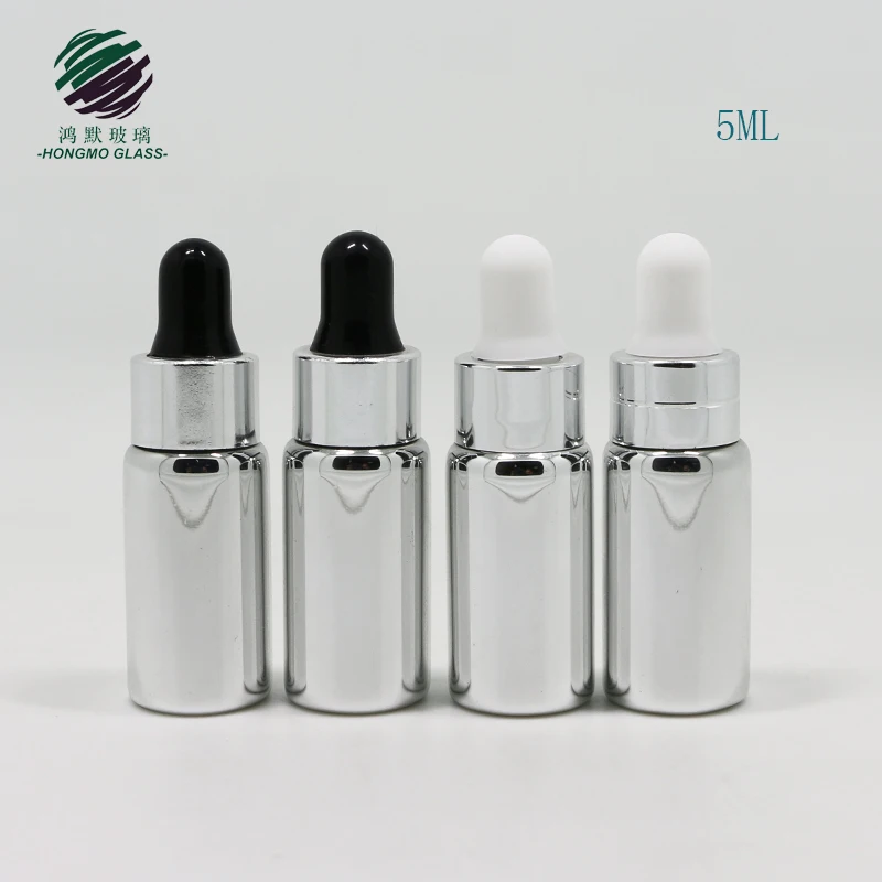 5 ml shiny silver electroplated small mini glass vials 5ml glass dropper bottle for serum essential oil samples packaging