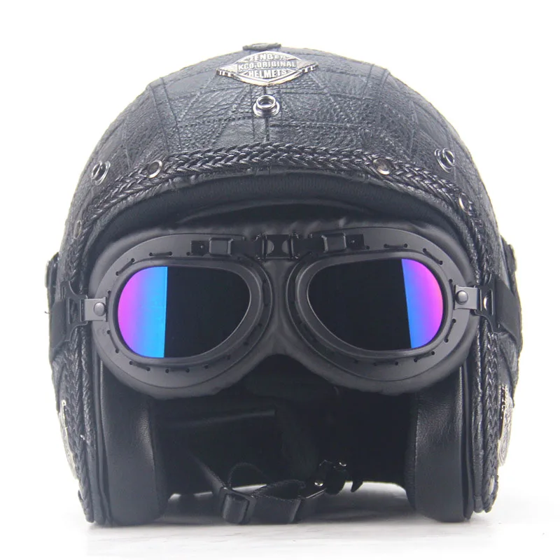 High quality PU leather casco moto retro with goggles