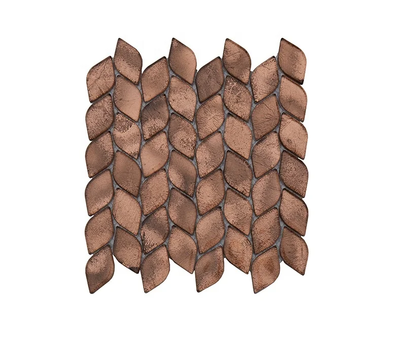 Kitchen Splashback Copper Foil Leaf Shaped Glass Mosaic Tile Water Jet Mosaic Tile