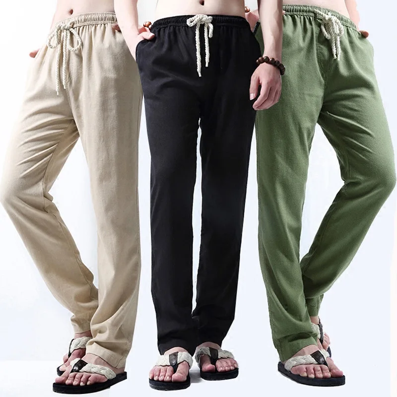 Classic Mens Casual Pants Lightweight Elasticated Waist Linen Trousers