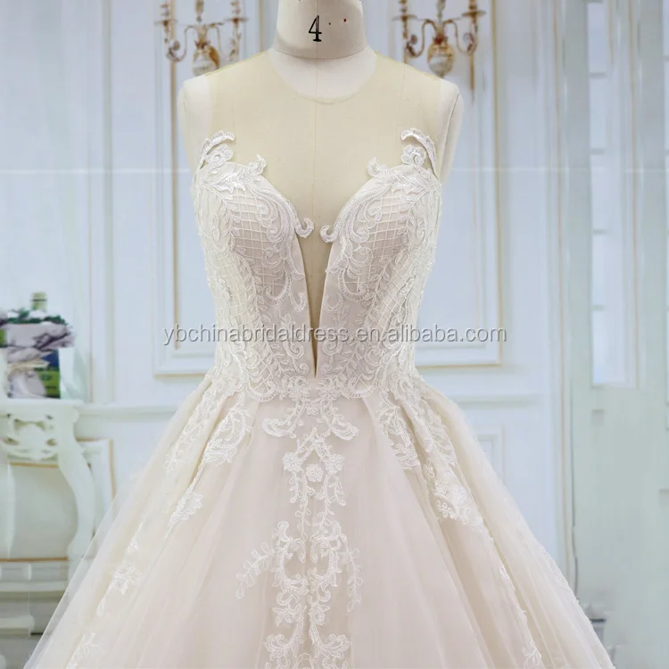 Luxury big skirt with french lace and button zipper back ball gown wedding dress