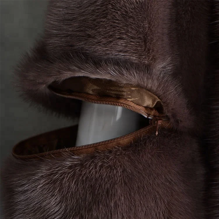 Fashion Natural Brown 90 cm Hooded Long Mink Fur Coat for Women