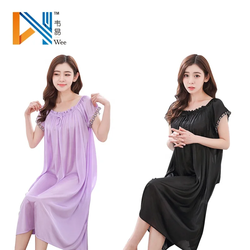 Solid Color Short Sleeved Sleeping Wear Maxi Dress Middle Aged Woman Nightdress For Summer
