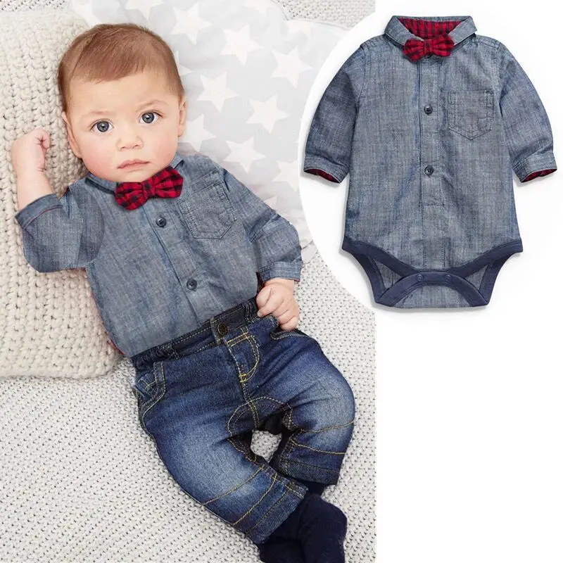 latest pure color stock fashion infant baby bodysuits denim pants hot sale boy suits
