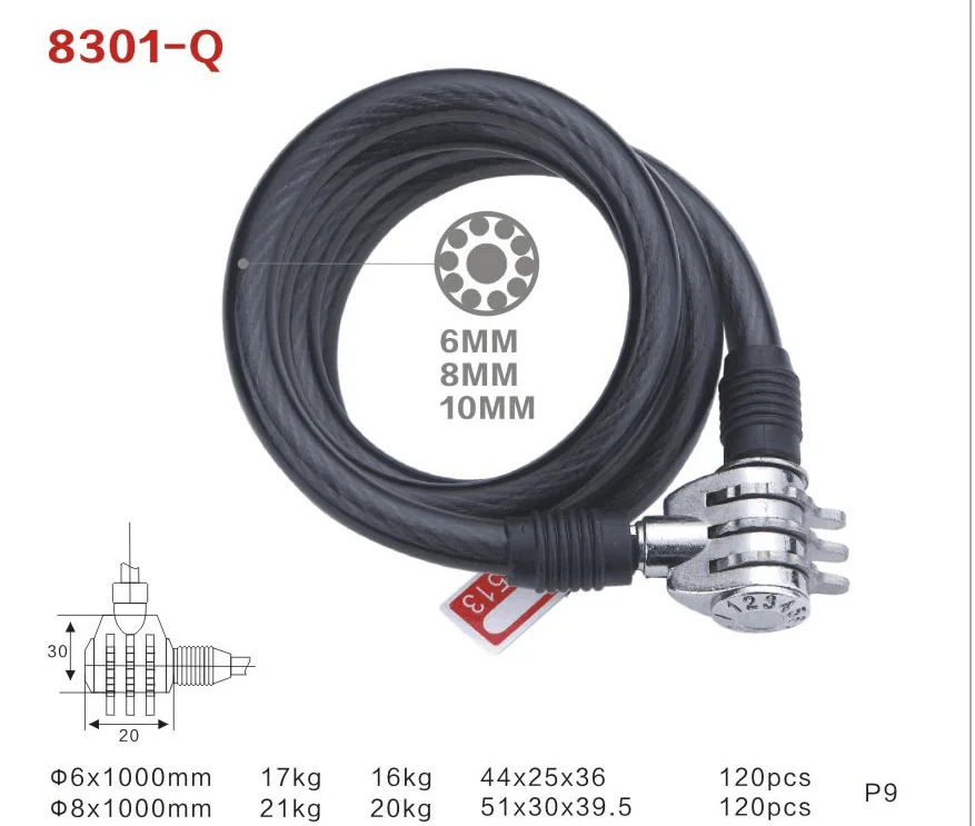 8301-Q 3 Digital Combination Bike Lock PVC spiral Lock With Password
