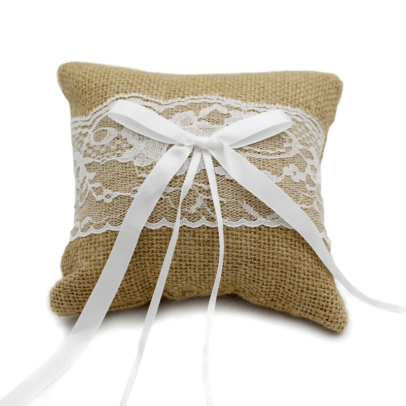 J08 Delicate Wedding Ring Pillow Khaki Linen Lace Butterfly Knotted Handmade Marriage Ring Pillow Cheap Wedding accessories