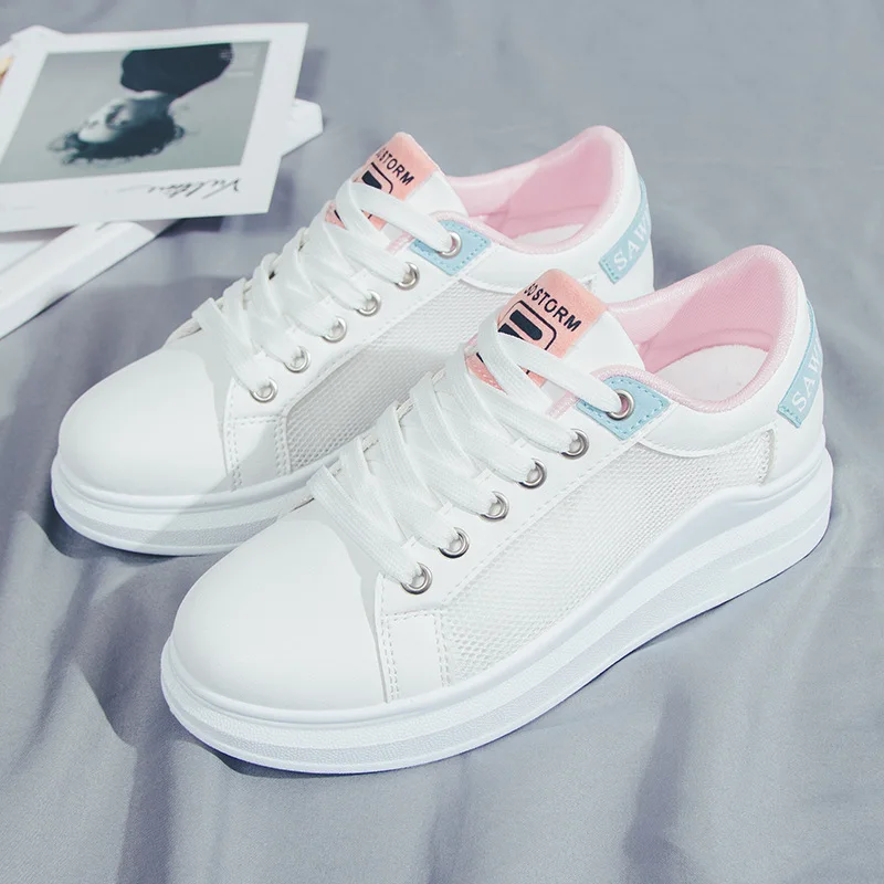 
Female Students PU Leather Candy Color Lace-Up Flat Breathable Sneakers 