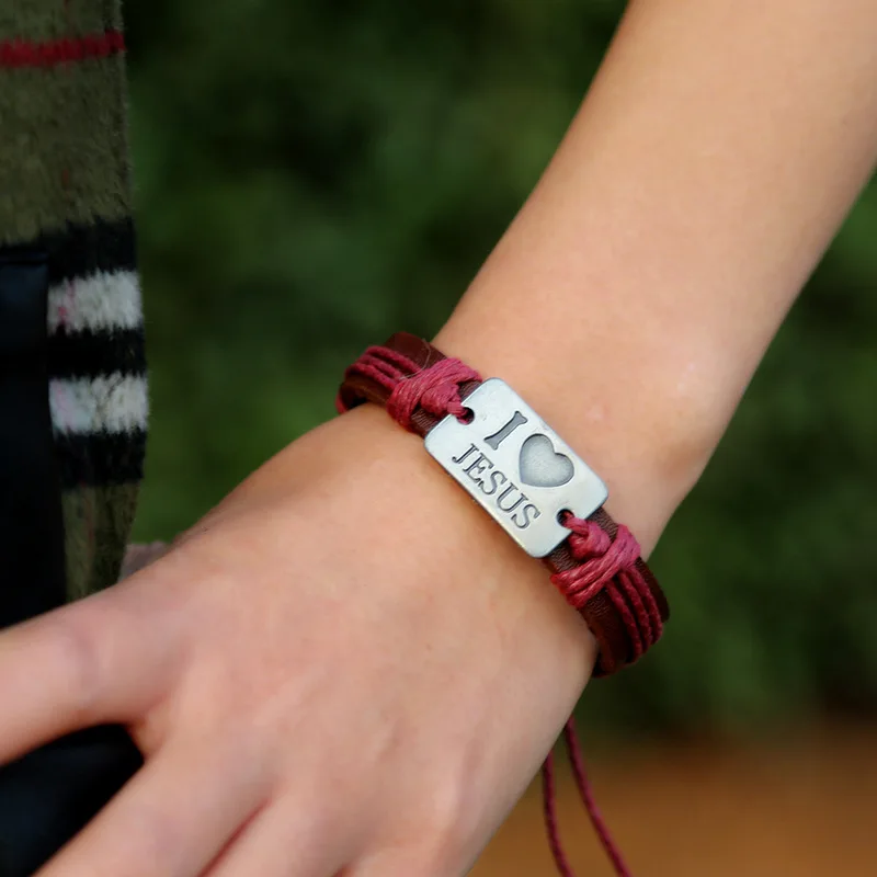 New Classic Unisex Christ I Love Jesus Cord Leather Bracelet For Gift