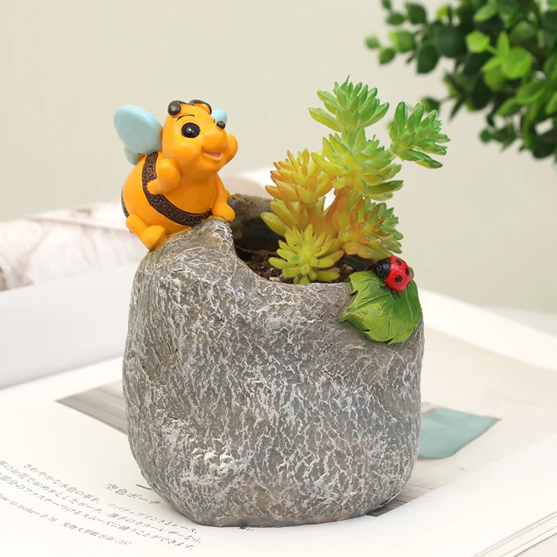 Roogo Cute Fairy Garden Miniature Imitation Stone Bunny Hedgehog Frog Bee Animal Planter Plant Box Succunlent Pots Handicrafts