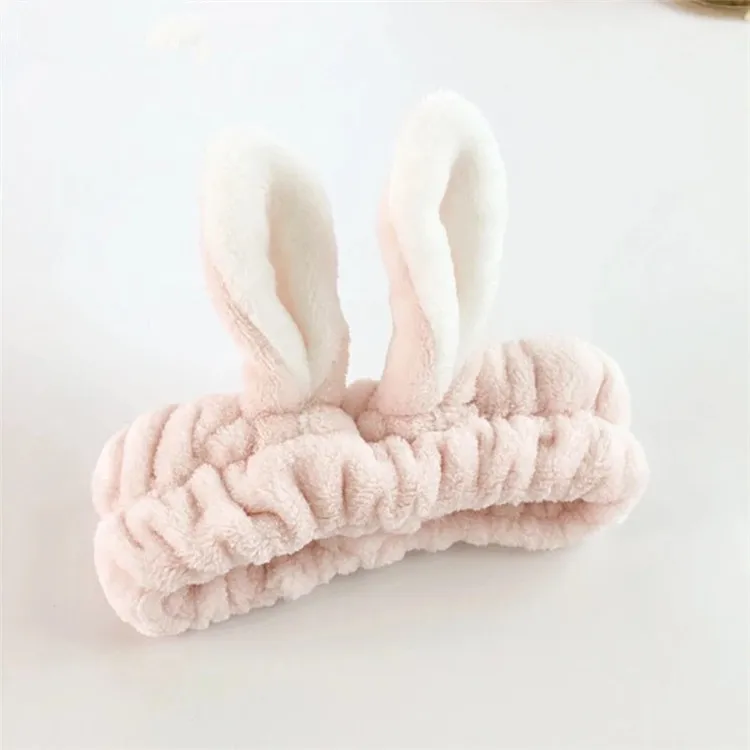 New Design Women Fashion Lovely Soft Carol Fleece Rabbit Ears Headband Makeup Cosmetic Shower Elastic Hair Band