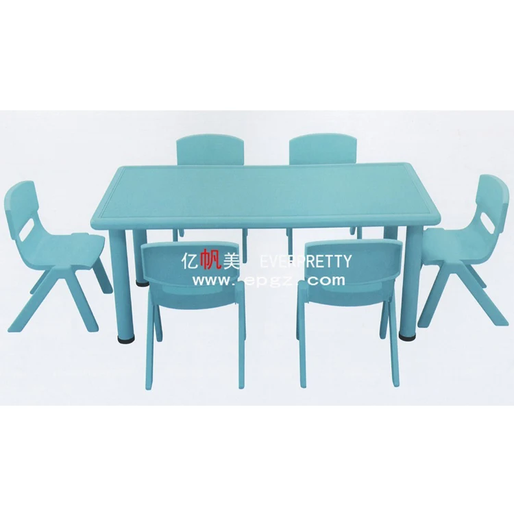 Modern Design Durable Cute Round Edge Safe Kindergarten Furniture Plastic Children Table and Chairs for Six Kids