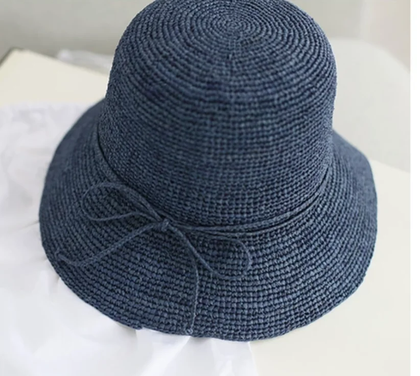 Hot sale custom plain raffia straw bucket hat cloche hat sun hat with bowknot ribbon