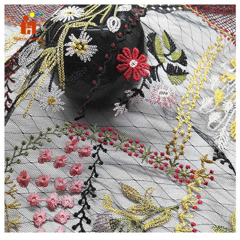 HLPD301 Mesh Custom 3D flower Embroidery Multi Color African Color Tulle Lace Fabric for Dress