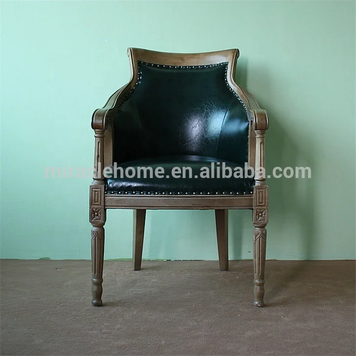 Green leather single seat arm chair antique style oak wood dining chair