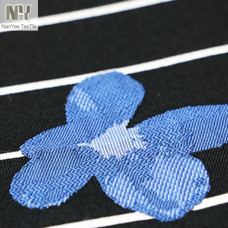 Nanyee Textile Pure Black Base Blue Flower White Stripe Polyester Blending Jacquard Fabric