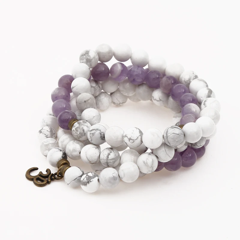 Multi Layer Moonstar Bodhi Seeds Buddhist Bracelet White Turquoise Amethyst Bracelet