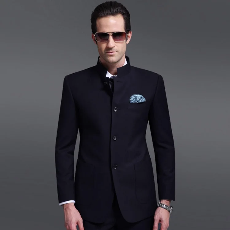 100% wool navy blue four buttons traditional chinese business suits for young men