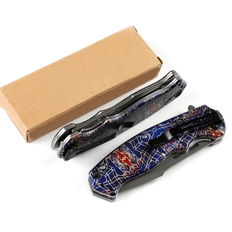 
440C stainless steel folding pocket knife camping knife with 3D printing pattern handle 