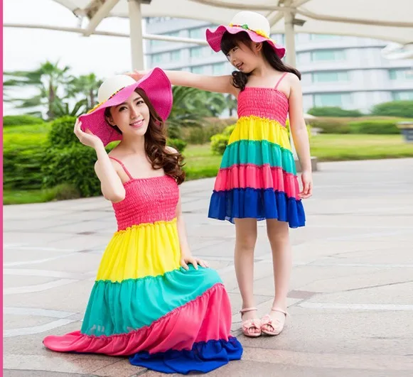 2015 New Rainbow Color Tupe Gallus Dress Family Matching Outfits Family suit Mother and Daughter Dress