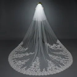Long Style Big Trailing Lace Trim Wedding Veil Sequined Bridal Veil With Vein DX9028