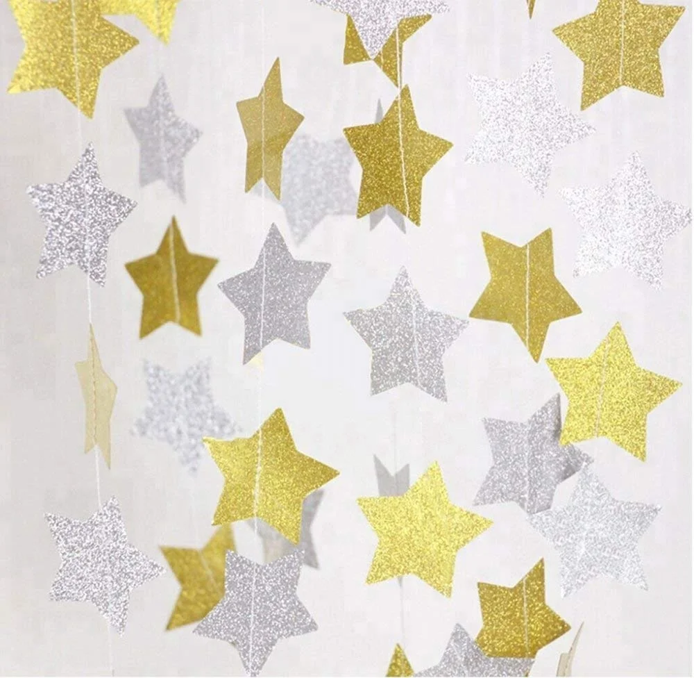 Gold Glitter Sparkling Star Garland Bunting for Baby shower Wedding Party 13 feet 1pcs Hanging Star Sets