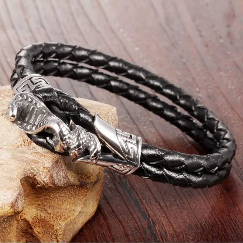Wholesale Punk Style Men Double Braided Black Leather Snake Head Bracelet