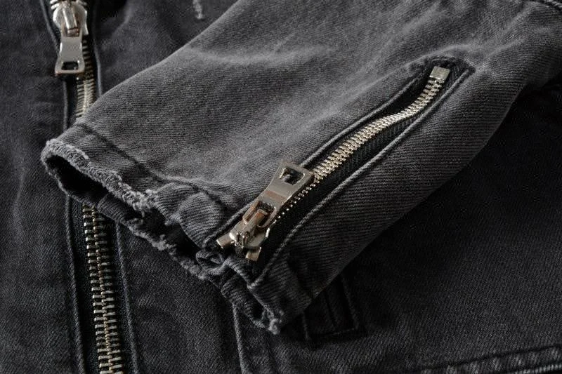 D&S factory dropshipping high street men black cool denim jacket belted distressed zipper jean jacket
