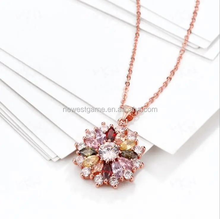 
wholesale retail Hermosa Jewelry Necklace Rose Gold Plated Multi Colored Zircon Flower Pendant free shipping 