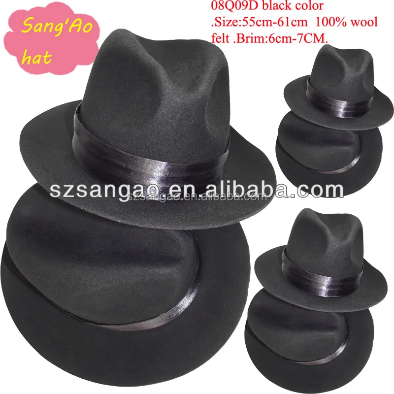 Black wool dress hat with satin fabric and leather sweatband