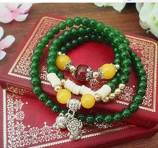 Natural Green Agate Bracelets for Women Round Crystal Tiger pedant Stone Multilayer Jade Bracelet Jewelry Accessories