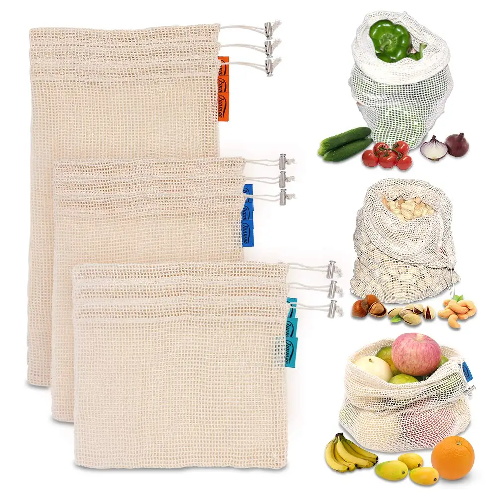 Multipurpose net bag, reusable organic mesh cotton bag knit fabric mesh produce bag