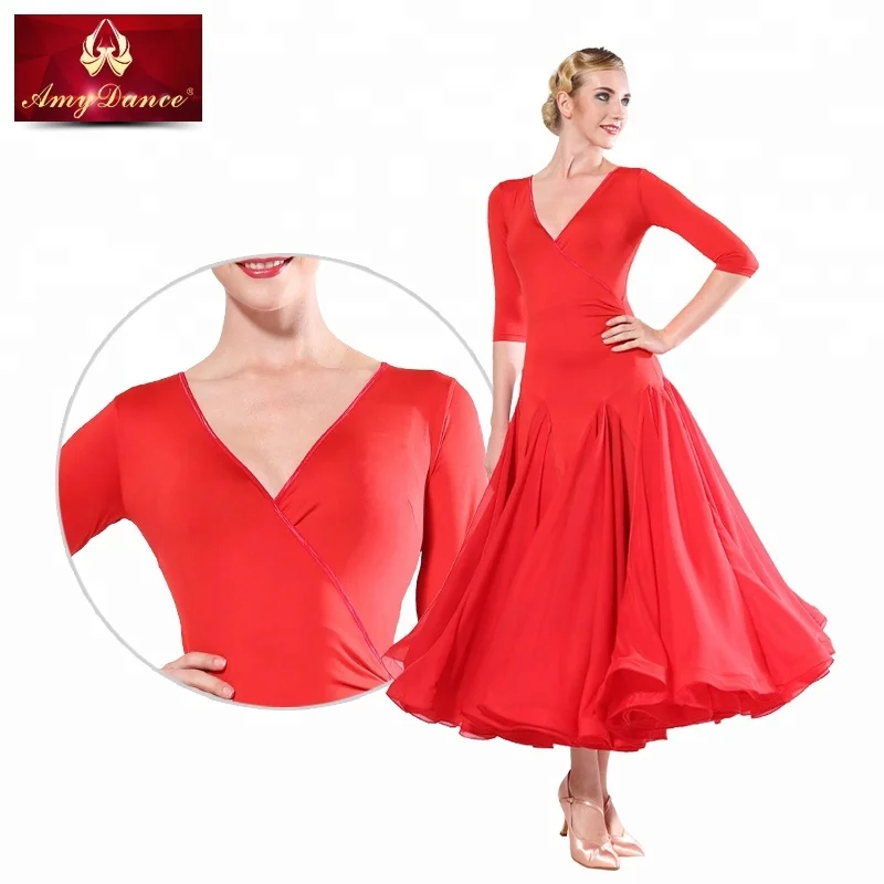 
High end puffy large hem v neck red flamenco ballroom dance wear women adult ballroom dance dress 