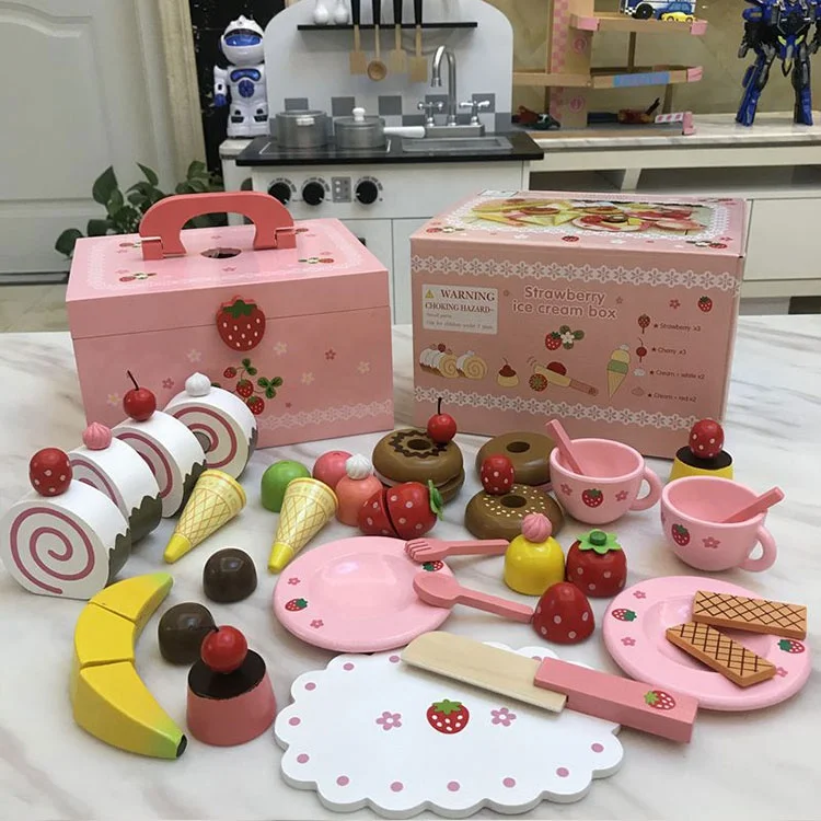 Portable Inside Montessori Materials Strawberry Donut Party Age3+ Girls Pretend Play House Wooden Dessert Cutting Kitchen Toys