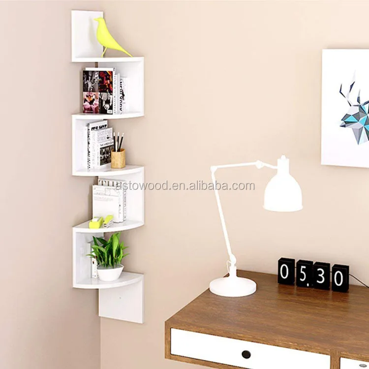 Durable MDF Zigzag Corner Wall Wooden Floating Display Shelf Shelves Storage Rack