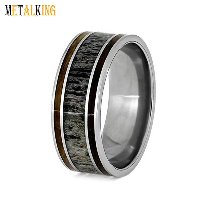 Whiskey Barrel Wood Inlay 9mm Deer Antler Wedding Band Titanium Promise Ring For Men