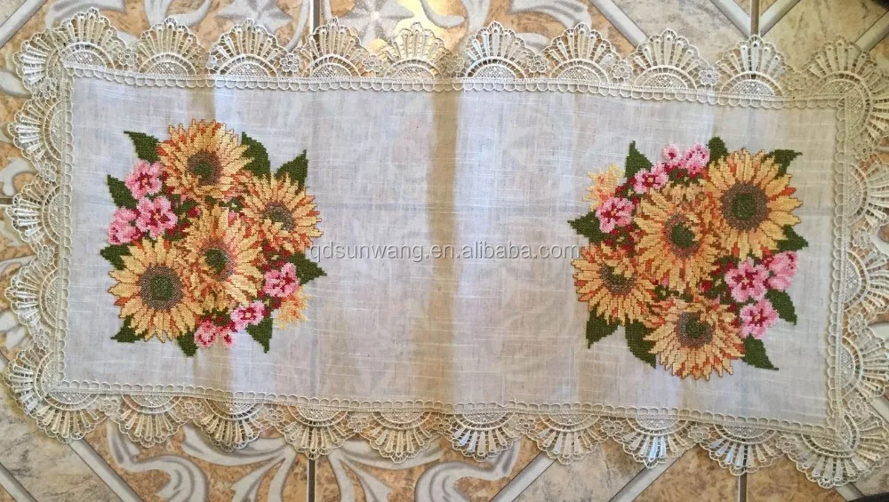 cross stitch embroidered tablerunner with polylinen fabric