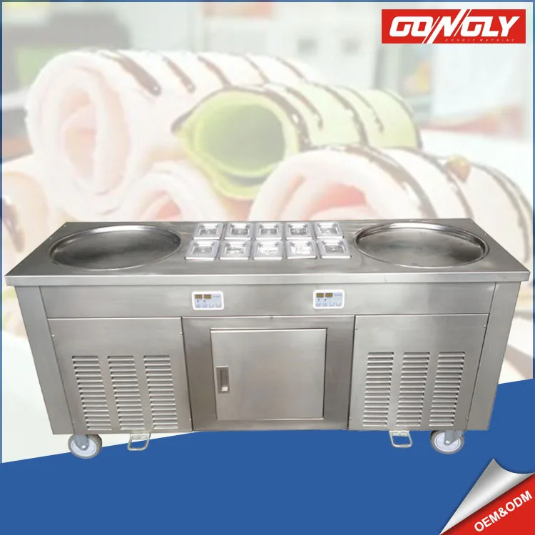 Thailand style commercial double flat fry ice cream drum machine with 10 tanks
