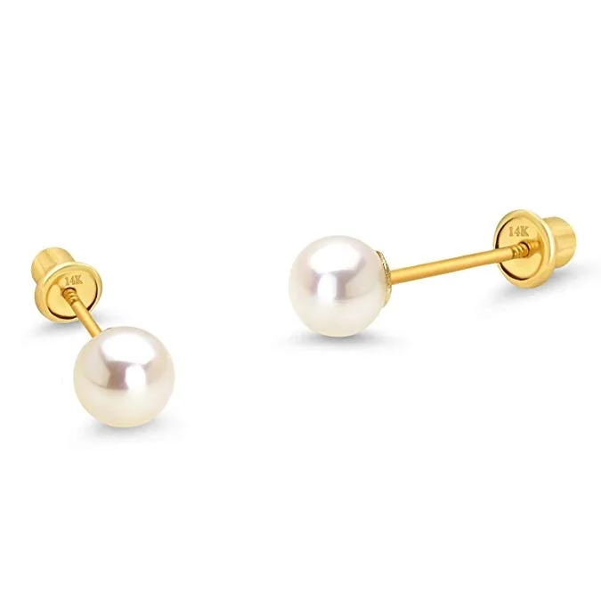 
14k Yellow Gold 4-6mm Simulated Pearl Children Screw Back Baby Girls Earrings 