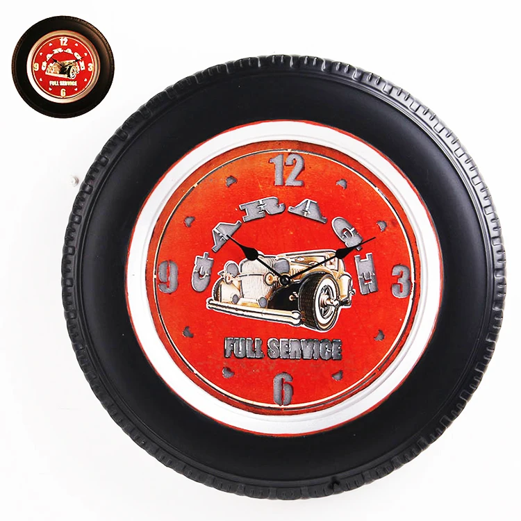 
Factory price antique retro car tire glow iron wall clock for home decor 